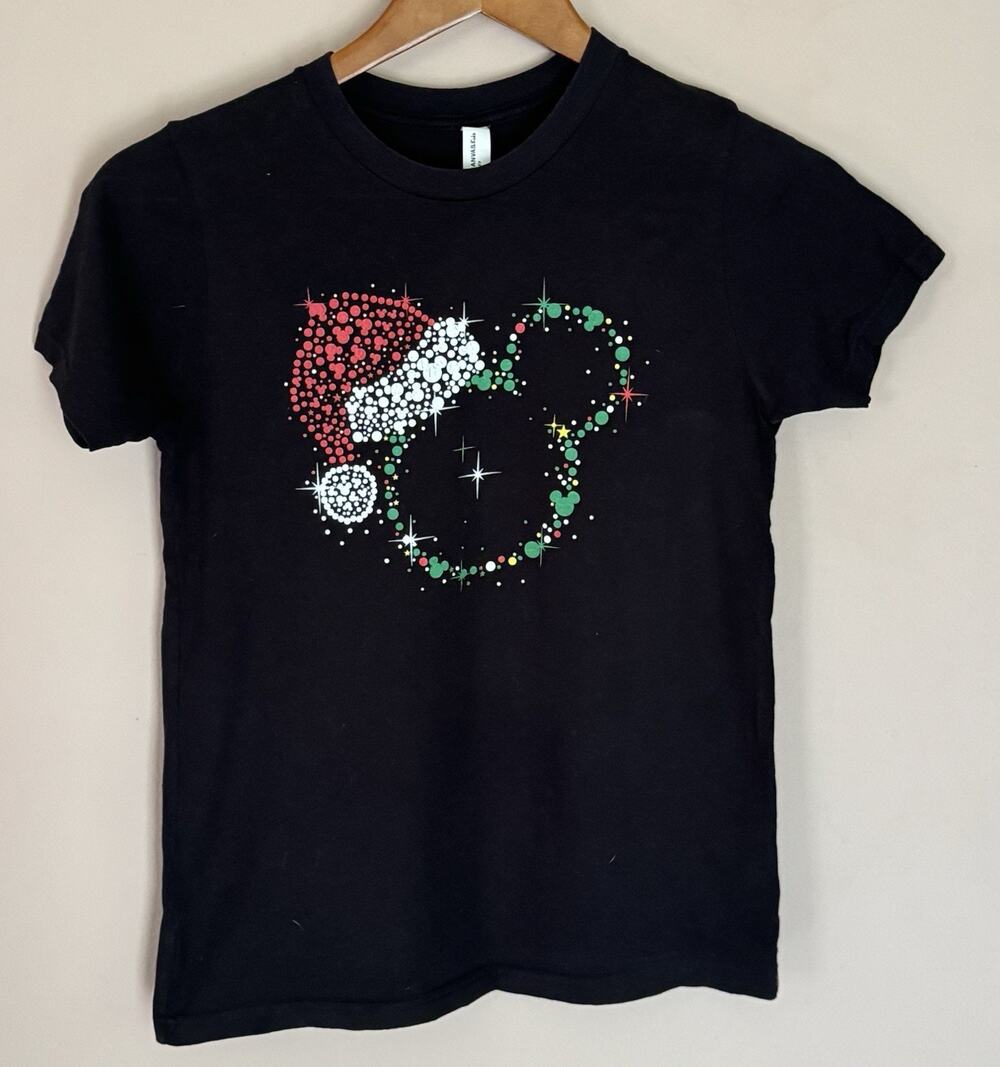Mickey Face Holiday Wearing A Santa Hat Kids Black T-Shirt Large (14/16)